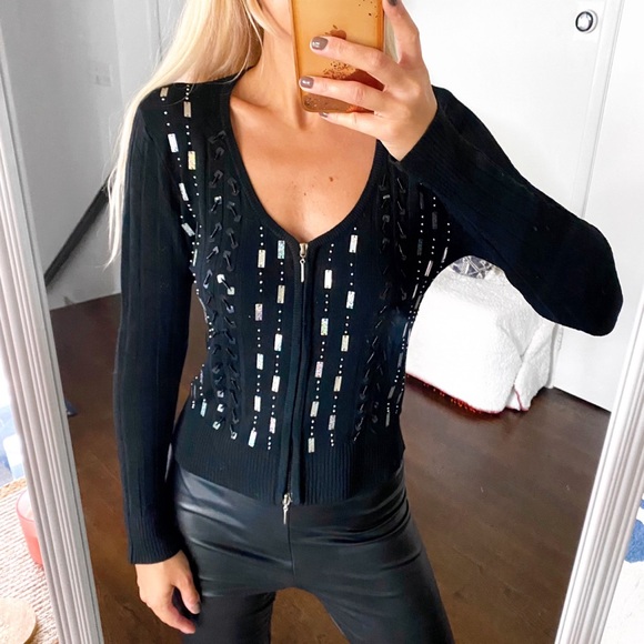 🖤 CACB BLACKE BEADED RUBBED CARDIGAN SWEATER! - Picture 1 of 13
